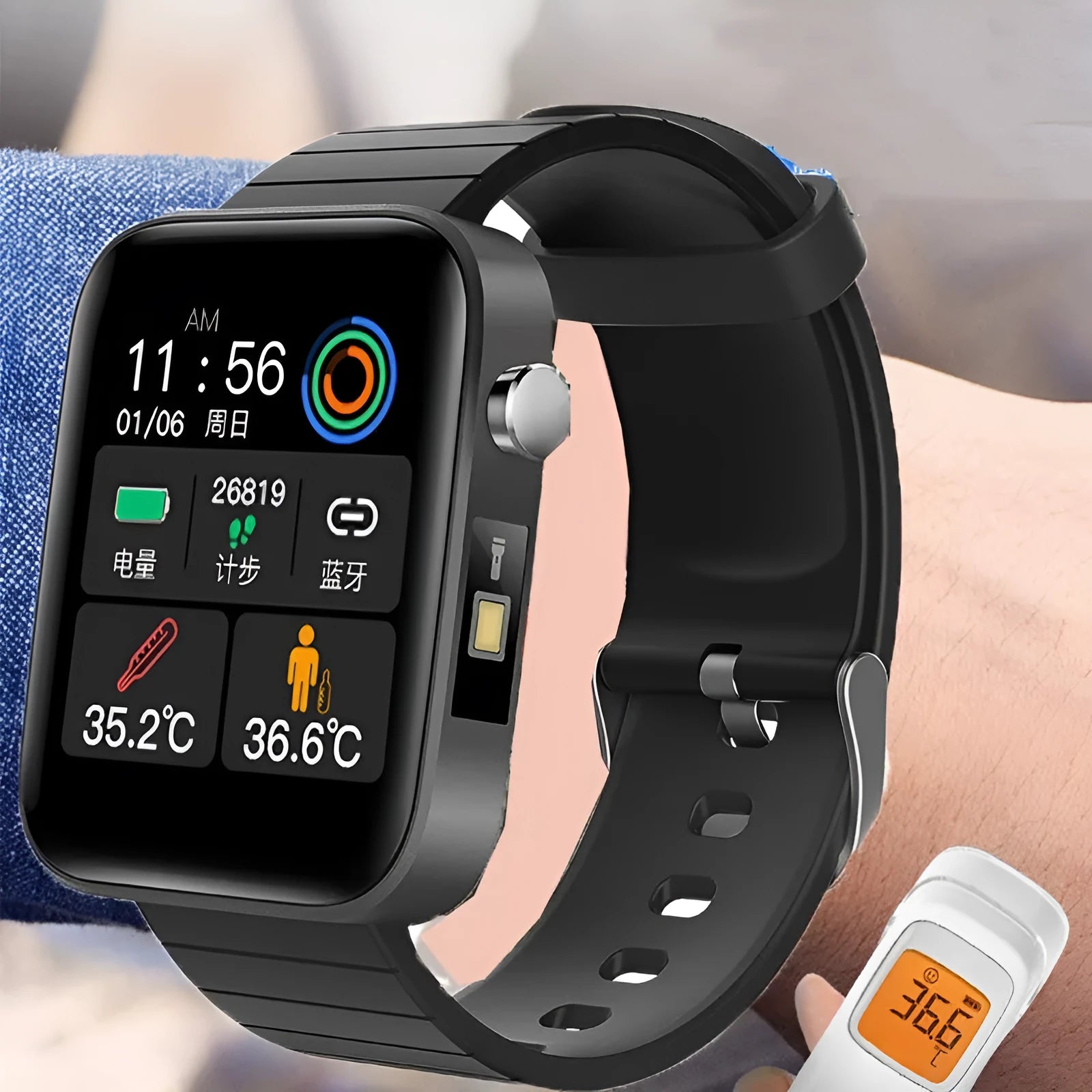 Black health monitoring bracelet with 1.54-inch touchscreen displaying blood pressure and body temperature readings