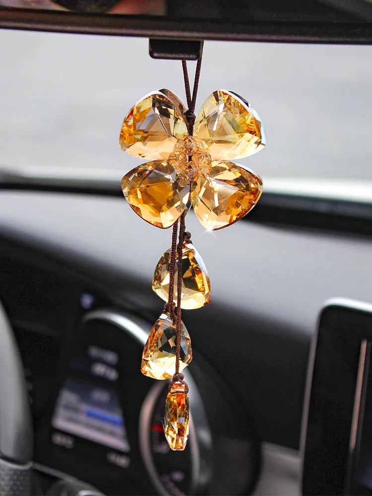 Crystal four leaf grass car pendant approximately 20cm in transparent champagne black shiny colours