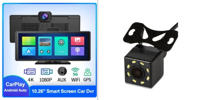 12-inch touchscreen car DVR and media display with front and rear recording cameras on dashboard
