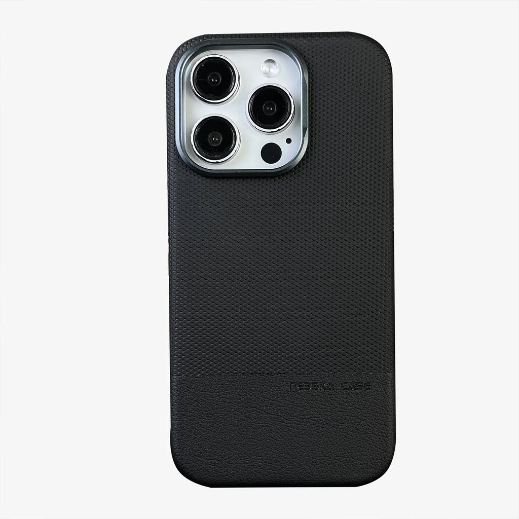 Magnetic all-inclusive iPhone case with dragon scale texture and stitching leather design in black, grey, or green