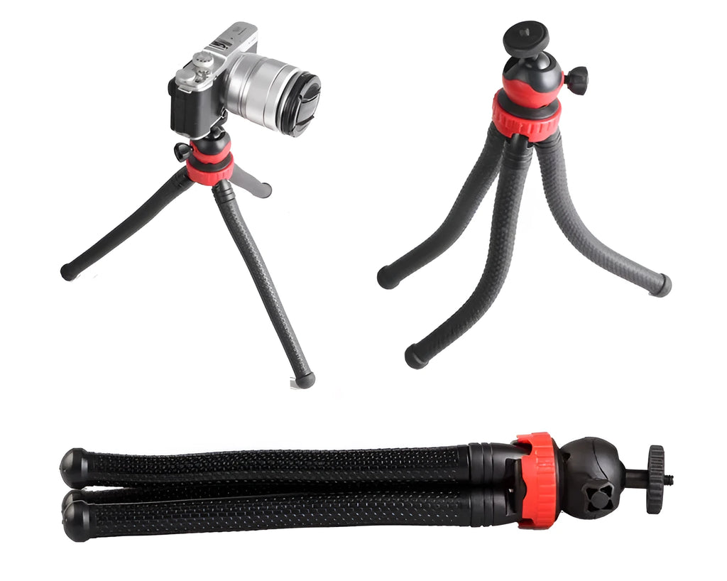Black octopus-style flexible tripod with spherical gimbal head, shown wrapped around a pole.