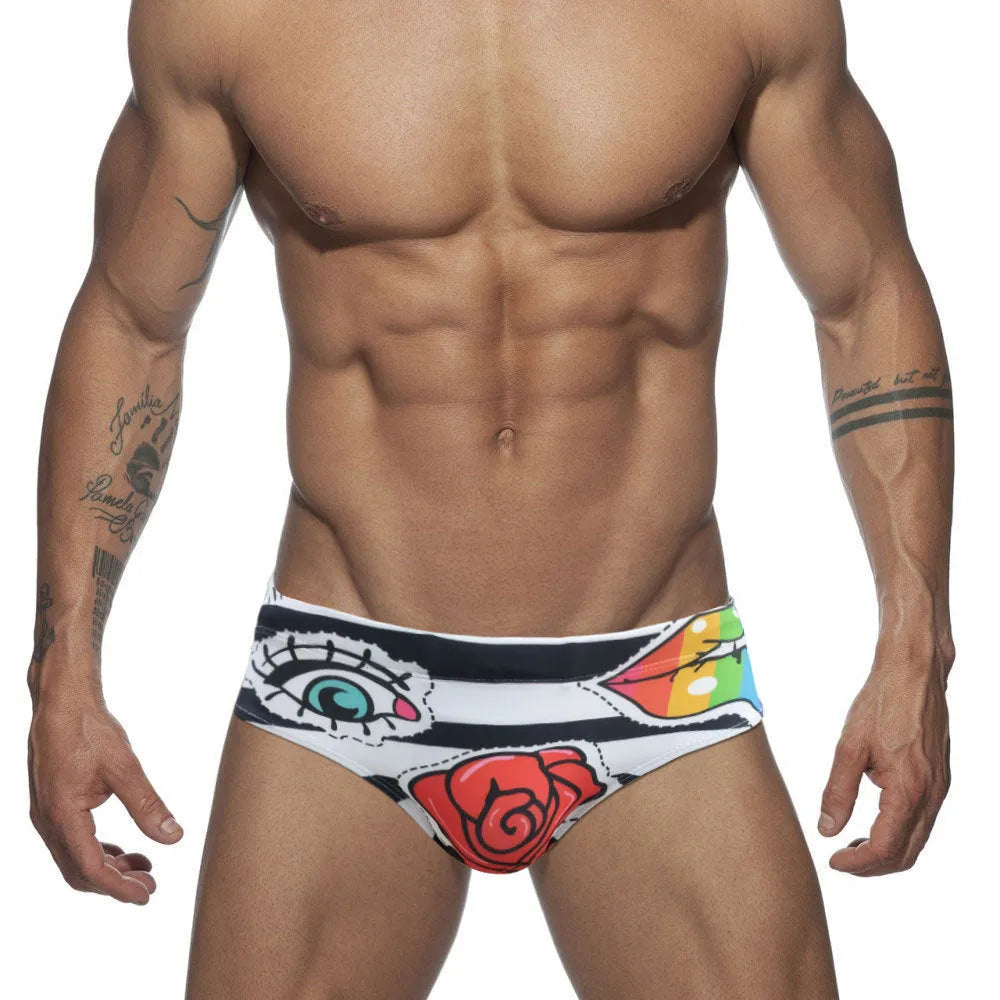 Men's striped tight briefs and boxers in rose colour, nylon fabric, sizes M to XXL