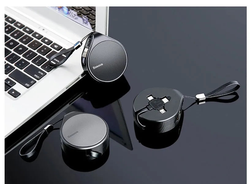 Telescopic three-in-one charging cable extended to 1 metre showing USB-C, Micro USB, and Lightning connectors