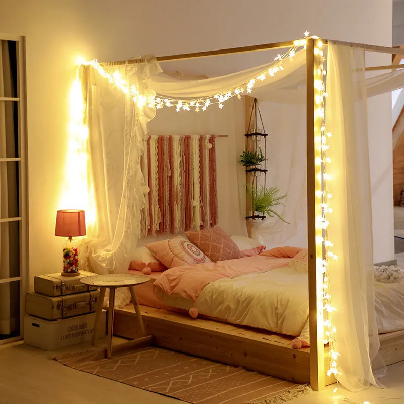 Battery-operated Christmas curtain garland string light with transparent wire, plastic stars and fur balls for window decoration