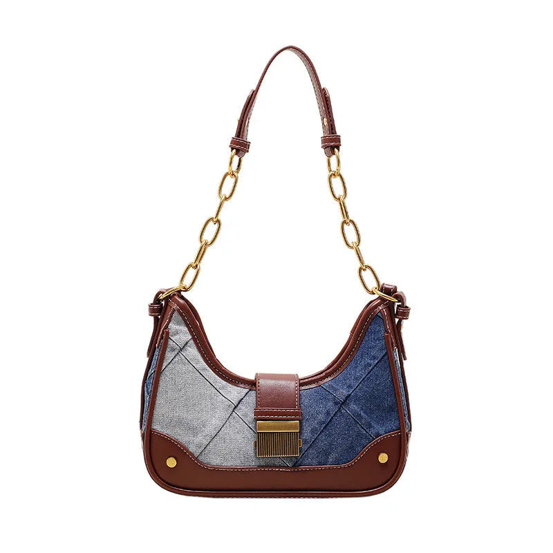 Brown denim women's shoulder bag with diamond mesh panels and chain straps