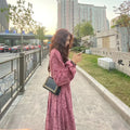 Red cotton knit floral sweet cover long dress with elastic waist and princess sleeves