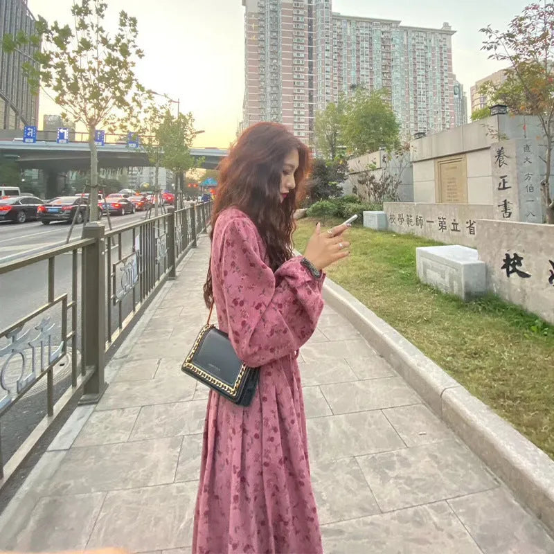 Red cotton knit floral sweet cover long dress with elastic waist and princess sleeves