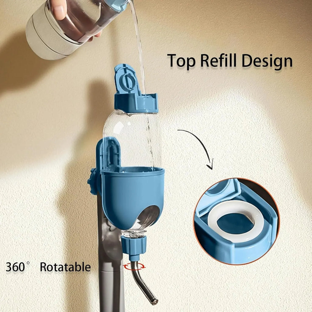 Blue pet water bottle with rotatable nozzle for small animal cages showing measurement scale