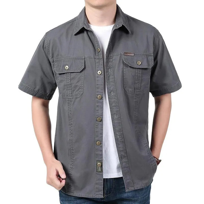 Men's Cotton Short Sleeve Cardigan Shirt Solid Colour Casual Summer Top Regular Fit Youth Style Japanese Workwear Shirt Available in Dark Blue Army Green Khaki Beige Black Gray Red White and Denim Blue Sizes M to 5XL