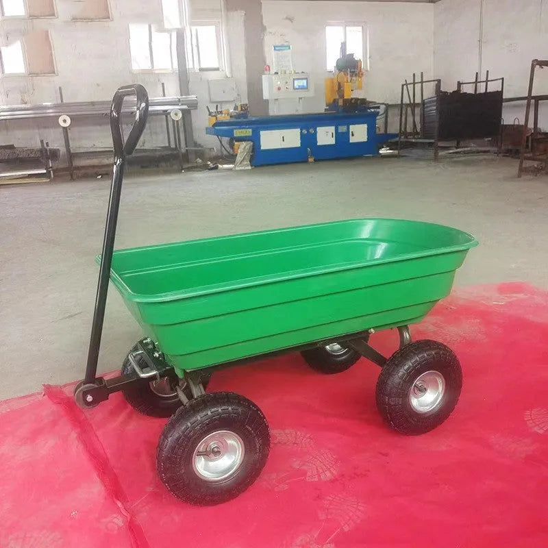 Green four-wheel plastic dump truck with steel frame, model TC2145, for farm and garden use.