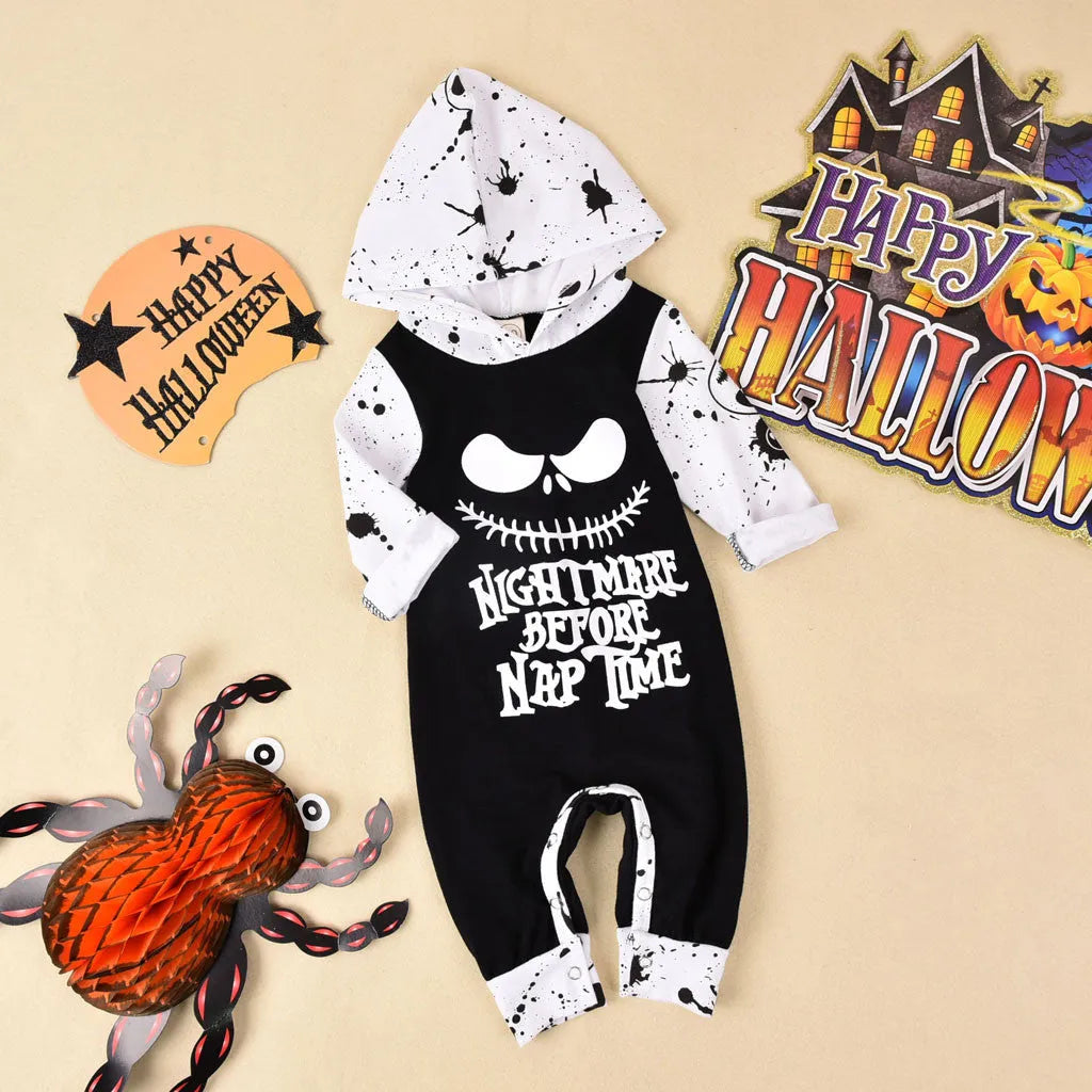 Black and brown cotton Halloween romper for children with long sleeves and a hood, shown in sizes 70cm to 100cm.
