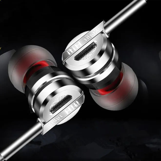 Black metal in-ear headphones with smart wire control and microphone for mobile phones