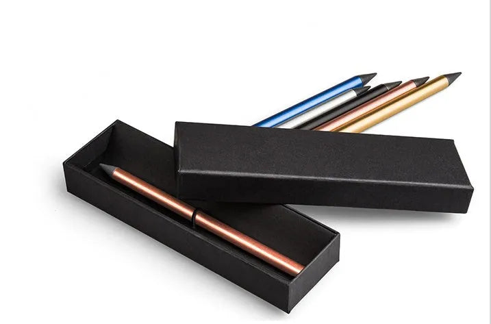 Metallic inkless pen with a fine 0.5mm alloy nib, shown in silver, gold, rose gold, black, and blue colour options.