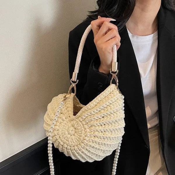 Women's handmade woven cloth shell-shaped bag in European retro style with open pocket design