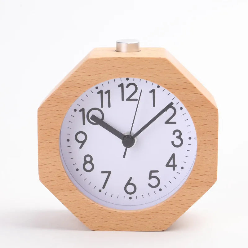 Polygonal beech wood alarm clock with luminous display, brown white finish, compact 9.5cm size