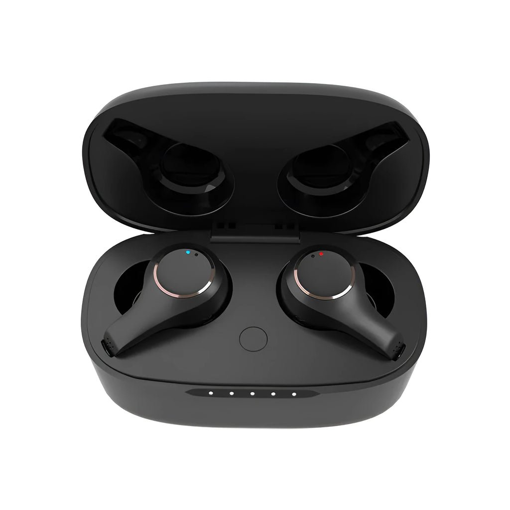 Black and white ANC Active Noise Cancelling Bluetooth headphones with earplug design.