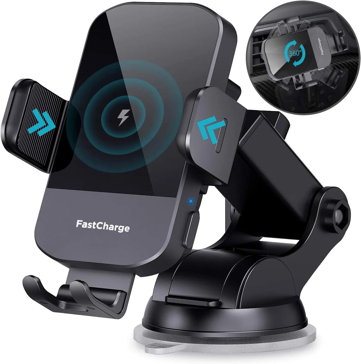 Black car wireless charging stand with 15W fast charging mounted on dashboard