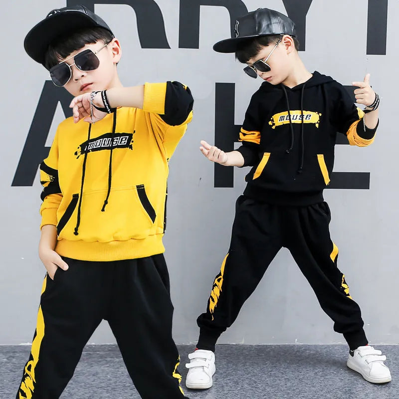 Boy's black and yellow hooded cotton sports suit two-piece tracksuit Korean style