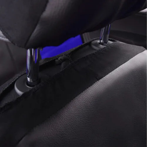Set of synthetic leather car seat covers in a choice of colours, shown with plastic hooks for installation.