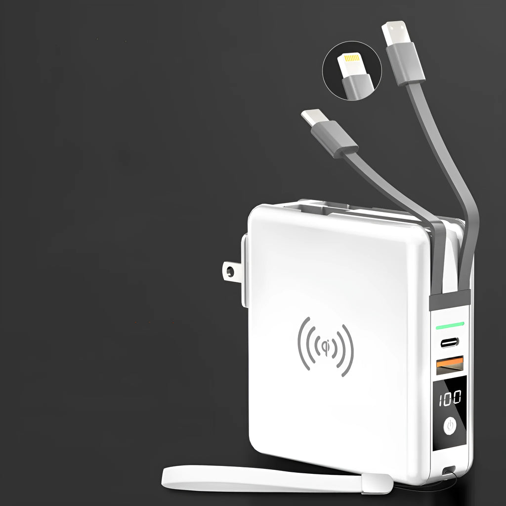 Black and white Super QI wireless PD20W fast charging power bank with integrated plug.