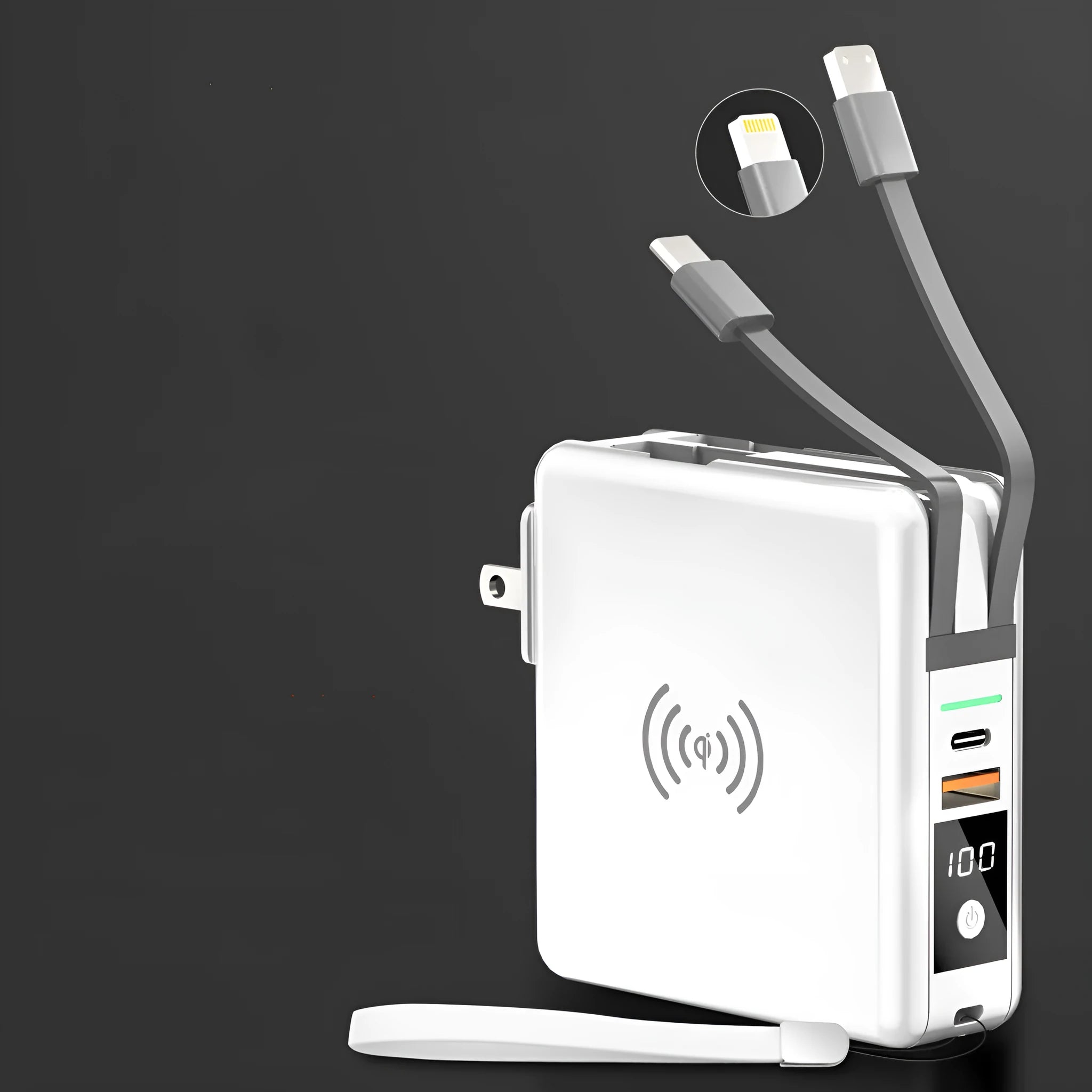 Black and white Super QI wireless PD20W fast charging power bank with integrated plug.
