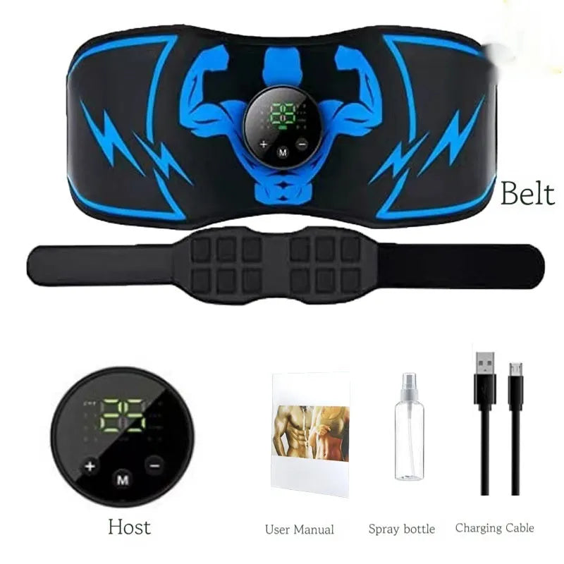 Blue EMS abdominal slimming belt with wireless remote control and arm stickers