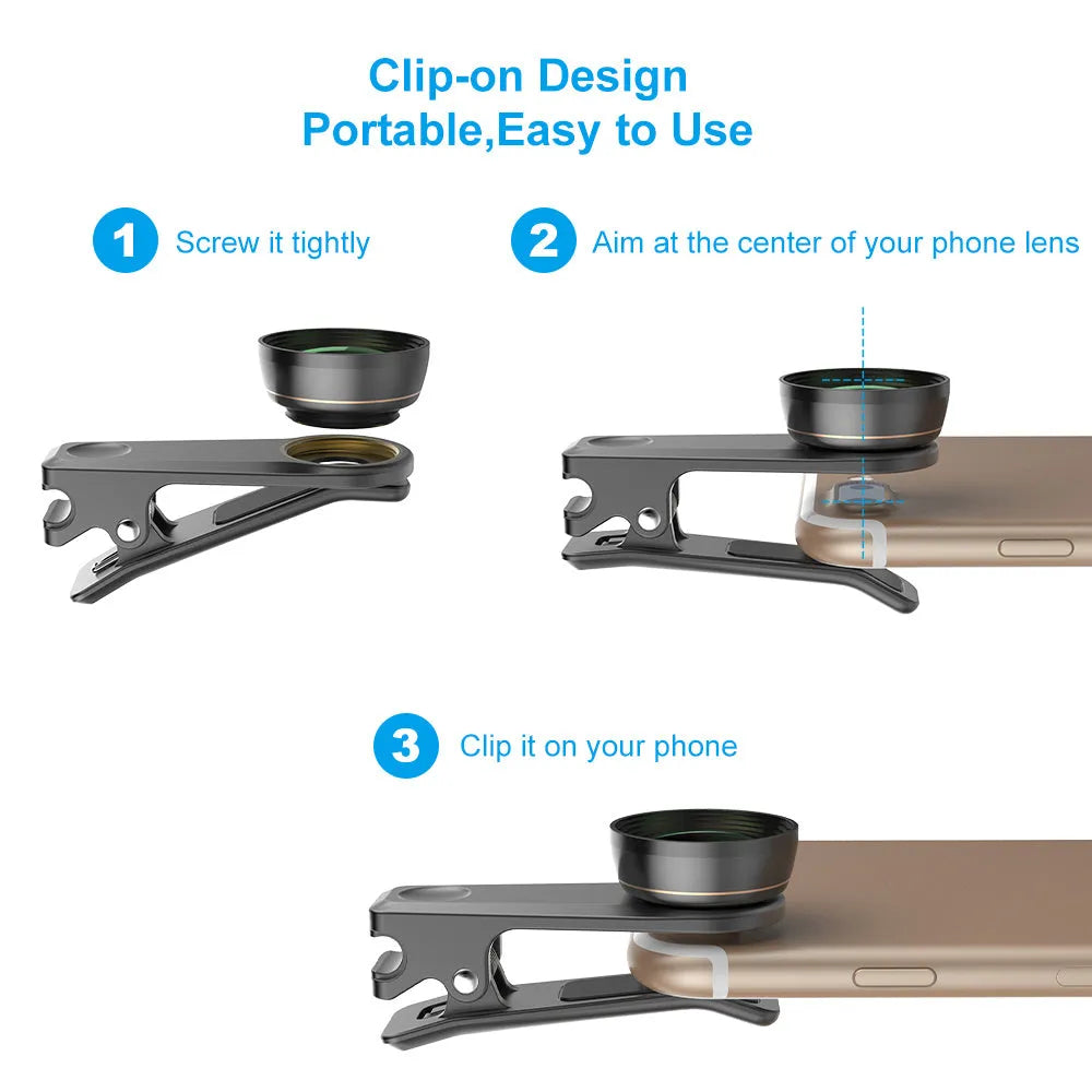 Black universal smartphone lens kit with six detachable lenses including fisheye, macro, and telephoto, shown with clip and case.