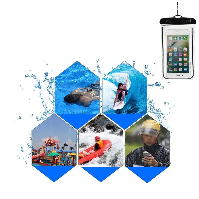 Universal waterproof luminous touch screen phone case in multiple colour options for outdoor sports.