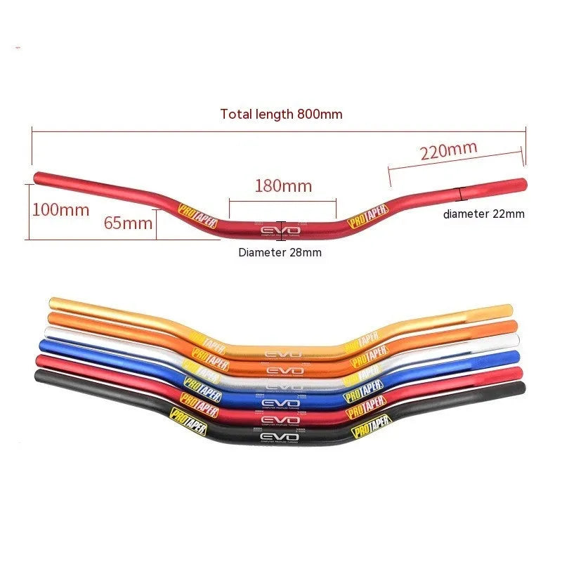 Orange EVO style aluminium alloy motorcycle handlebar showing 28mm diameter and width.