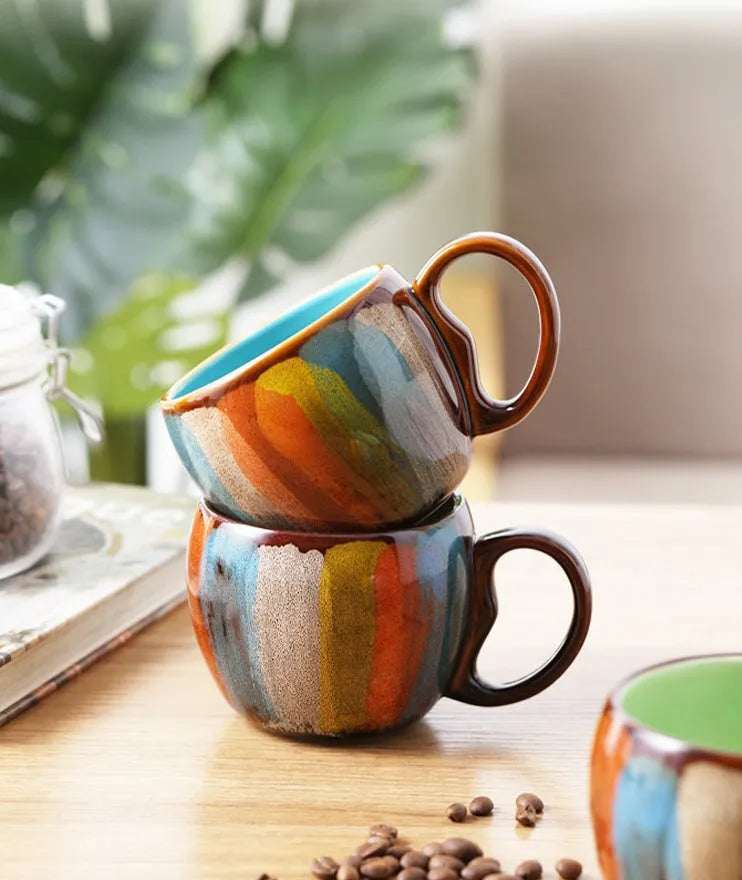 Handmade ceramic mug with lid and spoon in vibrant blue 350ml