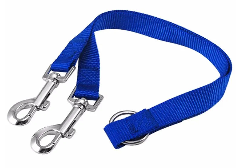Nylon double dog lead coupler, 45cm long, in purple, red, blue, or black, sizes S M L