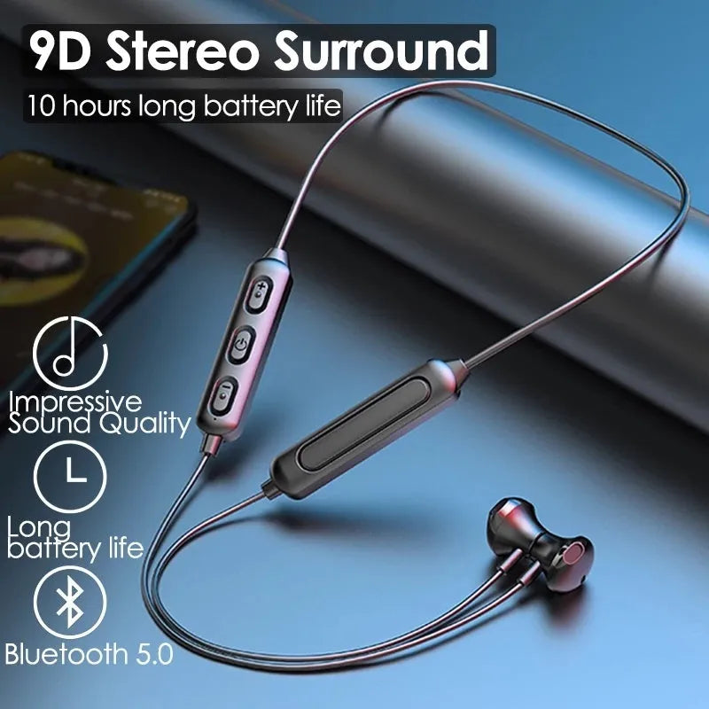 Black neck-mounted wireless sports earphones with Bluetooth 5.0 and 10-metre transmission range