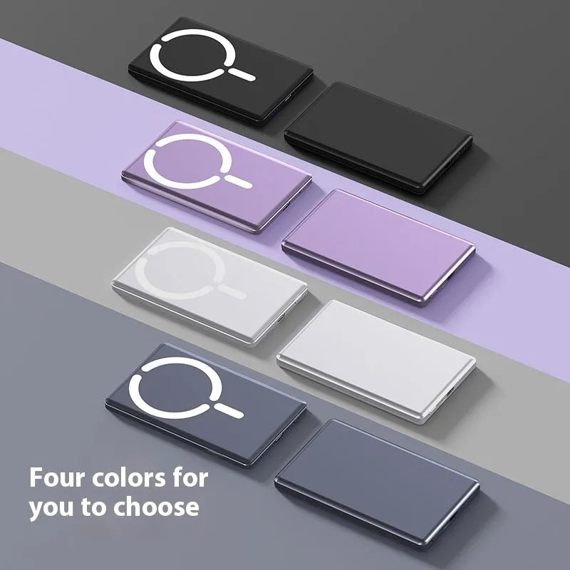 Ultra-thin 9mm magnetic power bank in dark grey, silver, black, and violet colour options
