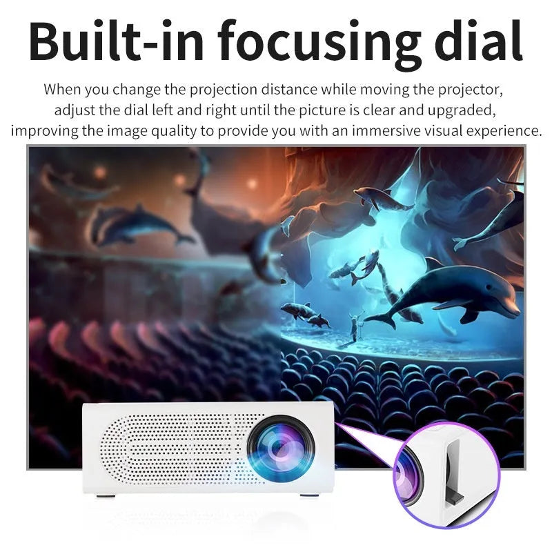 Portable mini projector in black or white with mobile phone wired same-screen display and multiple plug options