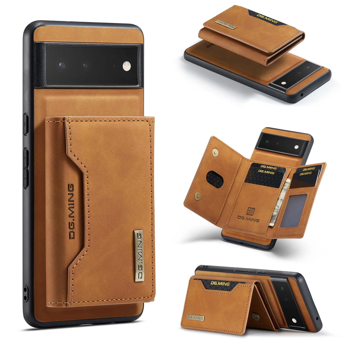 Leather magnetic card holder phone case for Pixel 7 in black with hand-woven craft texture