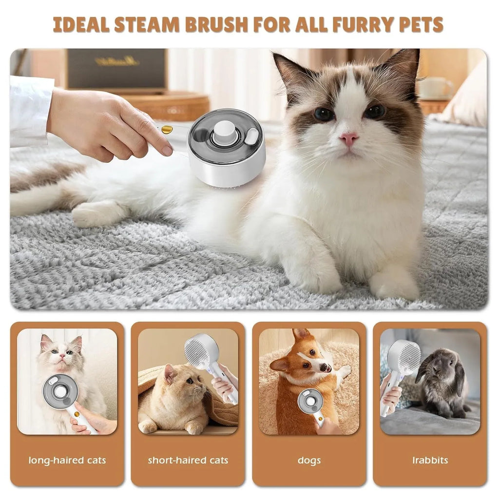 Pink and white cat grooming brush with mist spray function and stainless steel comb