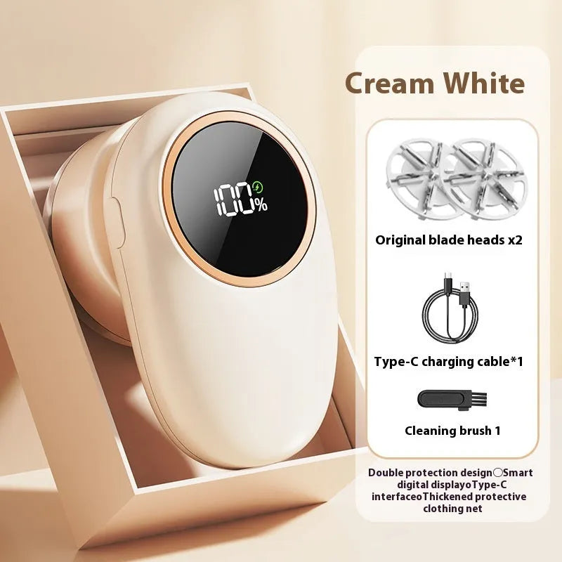 Purple and beige digital display fur ball trimmer lint removers with different blade head configurations.