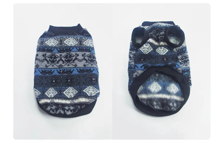 Blue geometric pattern thick warm pet vest on small dog, autumn winter clothing