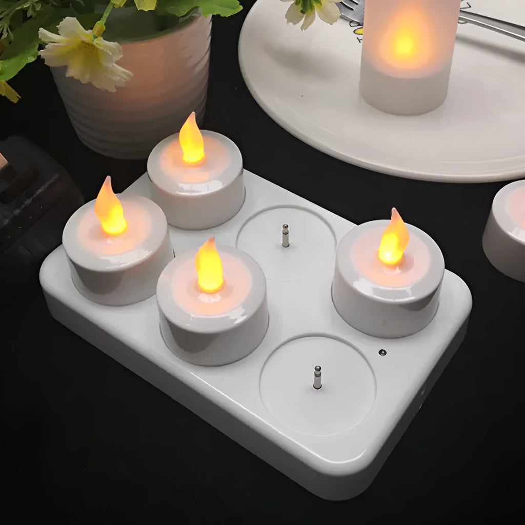 6-seat LED charging electric candle lamp set with white shell base, six yellow candle cores, cup covers, and charger