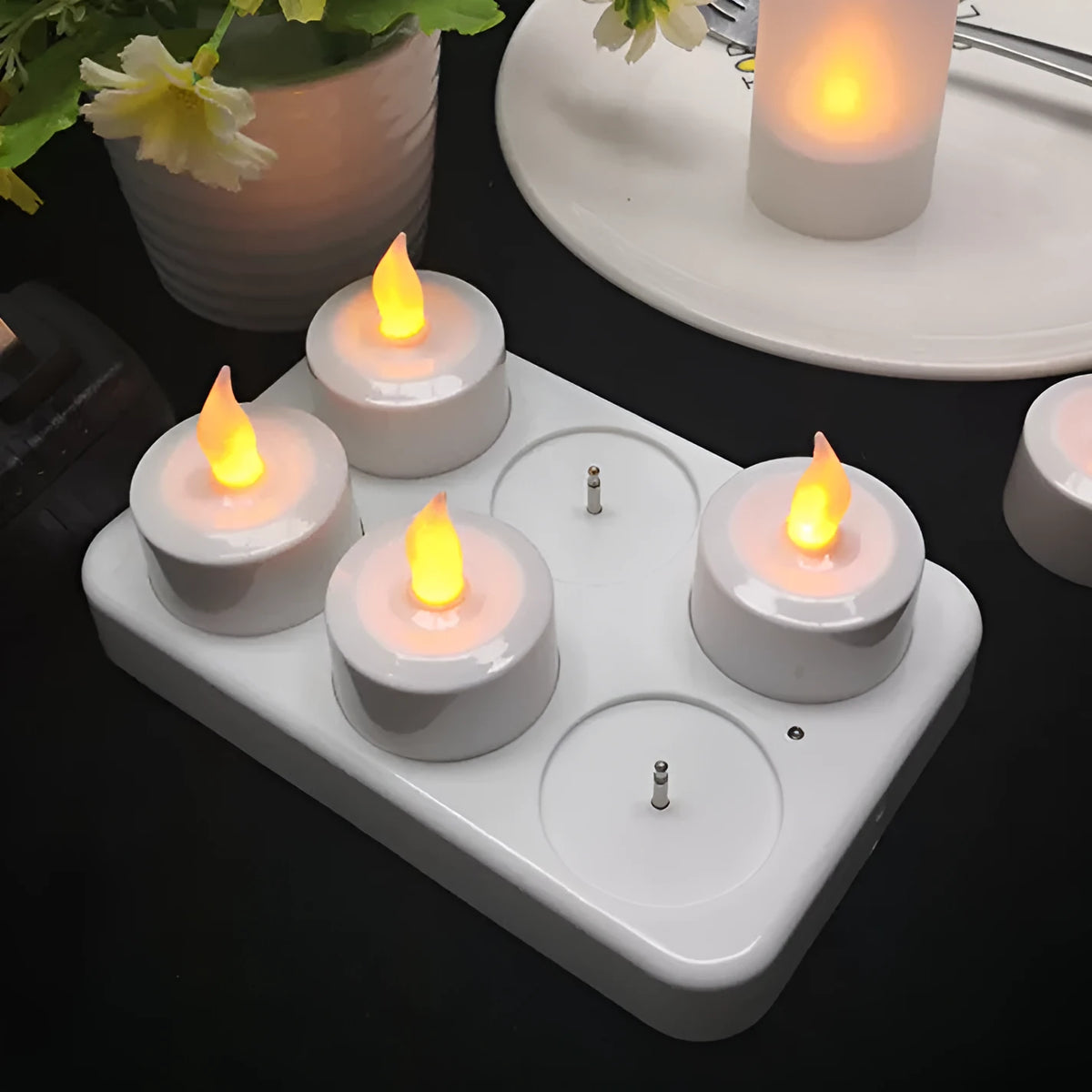 6-seat LED charging electric candle lamp set with white shell base, six yellow candle cores, cup covers, and charger