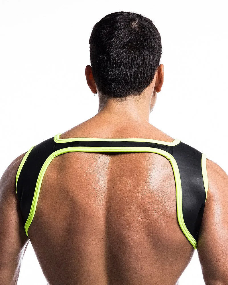 Men's neoprene sports shoulder strap in black, blue, camouflage, fluorescent green, red, and white on a white background