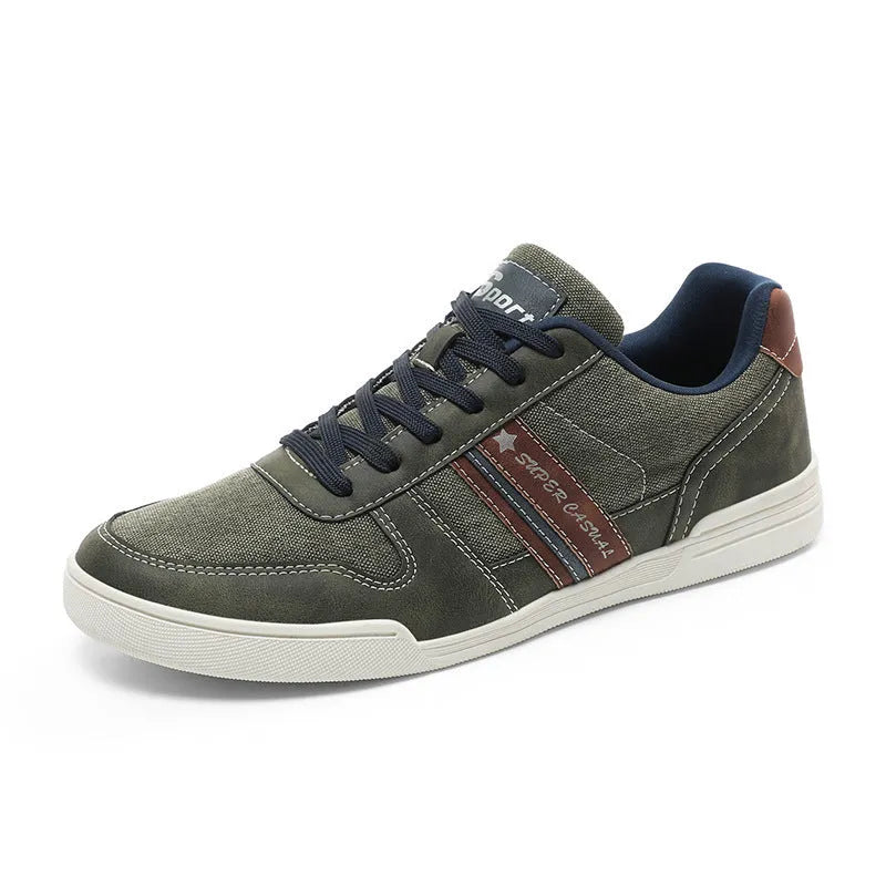 Men's breathable denim low top sports shoes in army green with TPR sole and mesh lining
