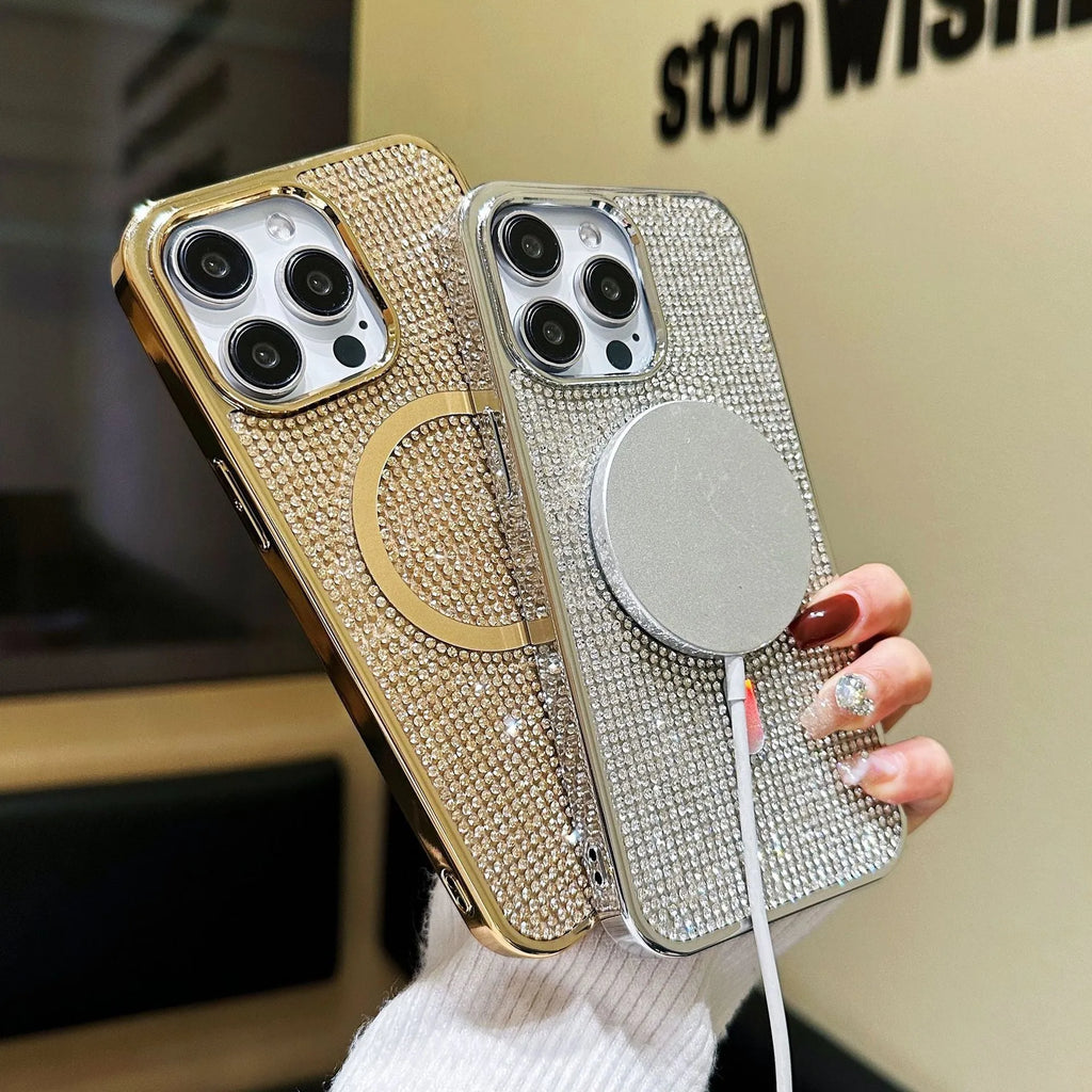 Rhinestone electroplating TPU phone case with diamond magnetic suction on a black iPhone model