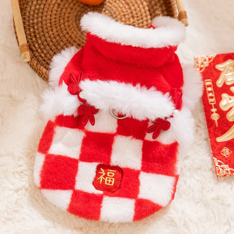 Red and white checkered plush pet vest with Qipao knot buttons and golden Fu embroidery for Chinese New Year