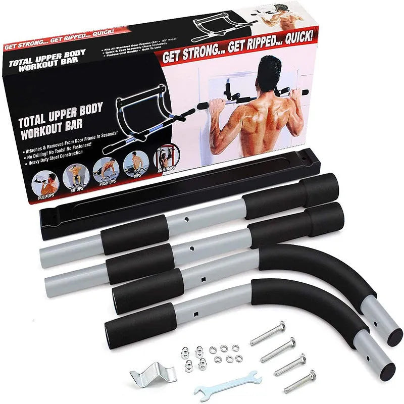 Black steel pipe indoor pull-up bar mounted on door frame for single and double poles exercises