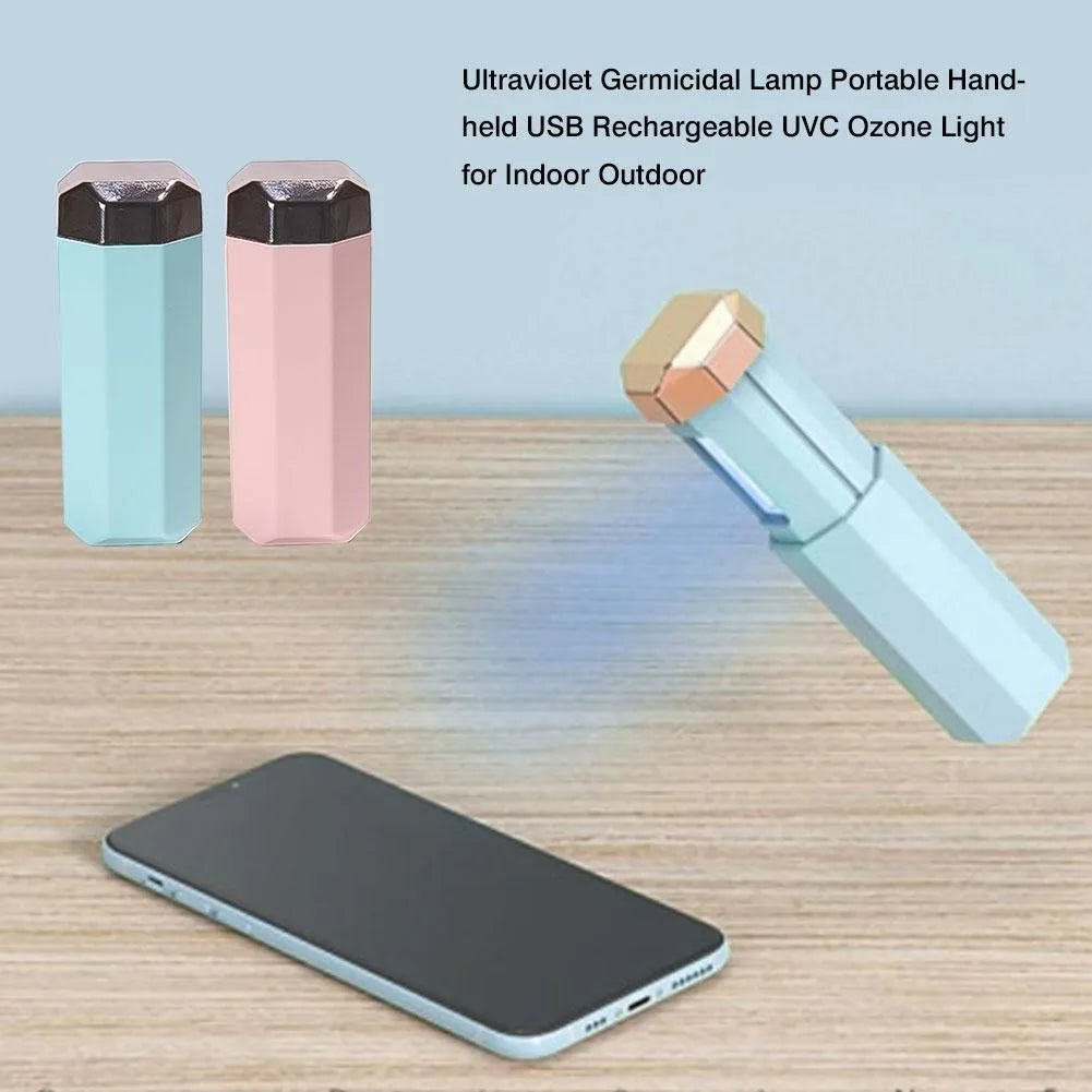 Portable UVC ozone USB germicidal wand in blue, folded, with 37.5x37.5x98mm dimensions