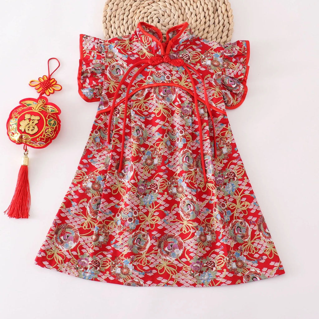 Girls Chinese style cotton dress with small floral splicing, available in red and other colours, heights 80cm to 150cm