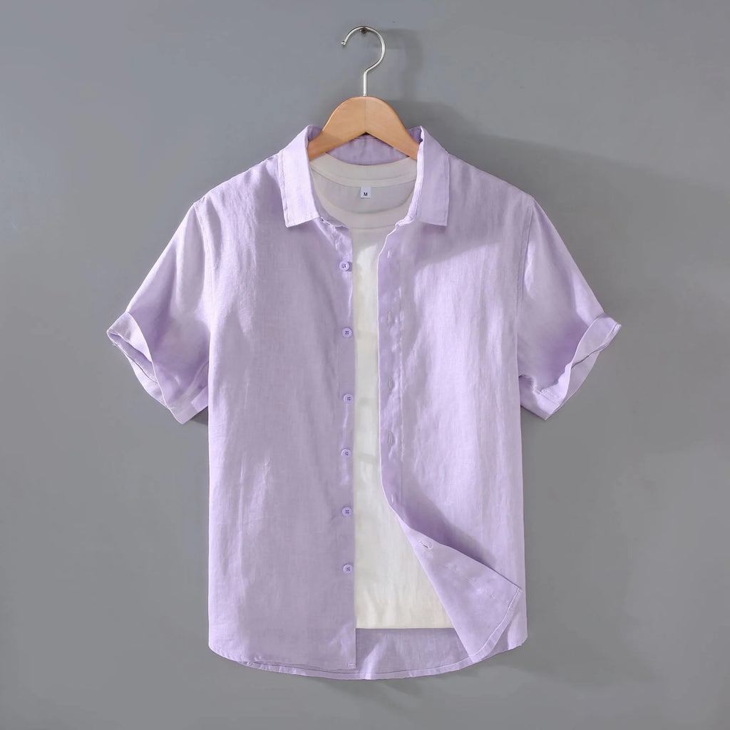 Men's linen short-sleeved shirt in cardigan style showing colour options