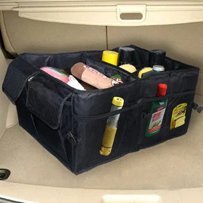 Black foldable car storage organiser in non-woven material, 40cm x 26cm folded size, for packages and shopping
