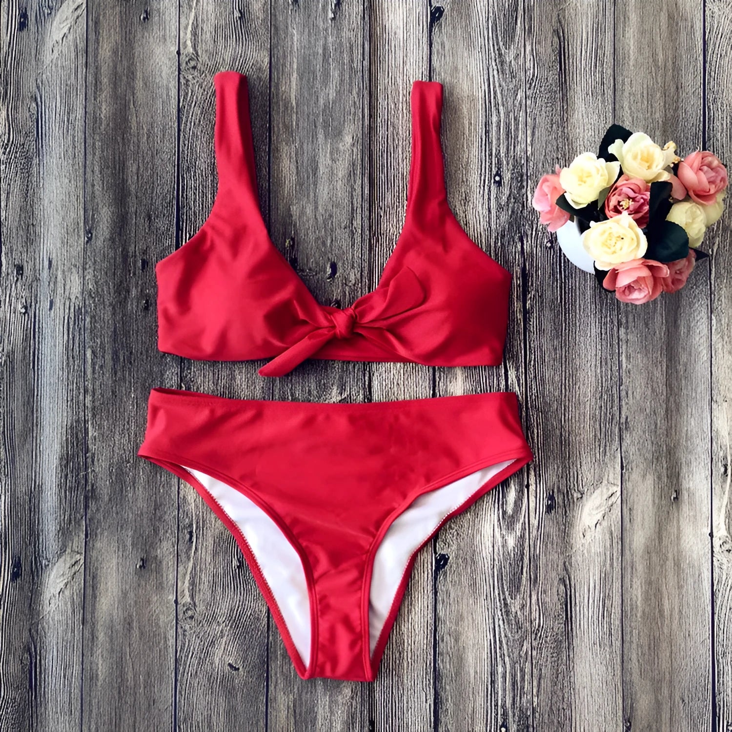 Women's solid colour bikini swimsuit set in polyester, shown in available colours.